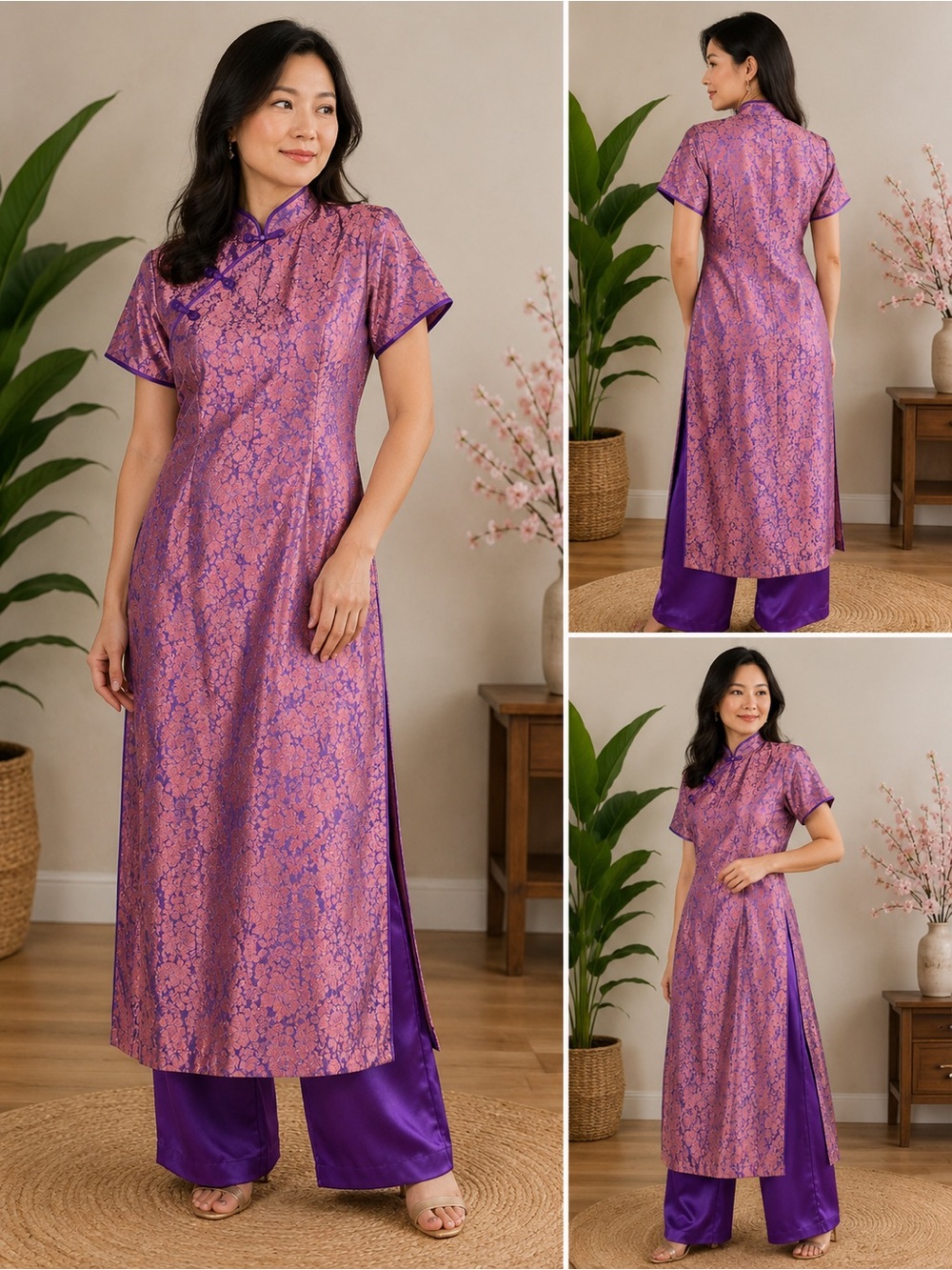 100% Silk Vietnamese Ao Dai Tunic & Matching Pants Purple Floral Jacquard Size S